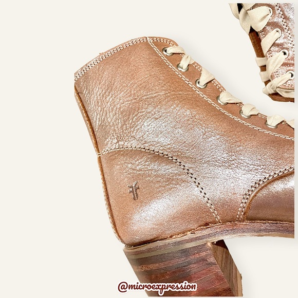 Frye Sabrina 6G GLAM Metallic Glittery Tan Combat Block Heel Lace Up Ankle Boot - Picture 13 of 16